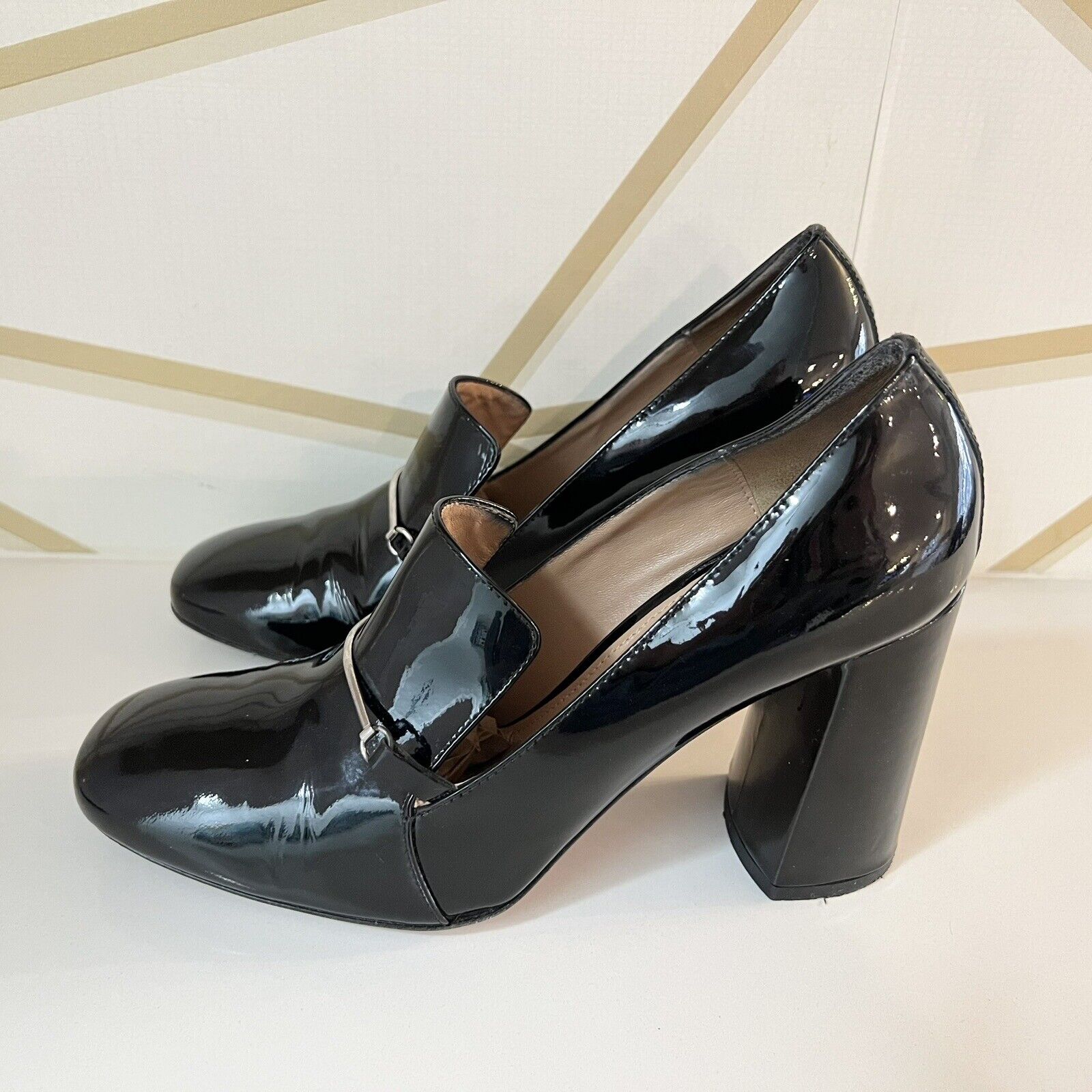 Lewit Amara Black Patent Leather Block Heel Pump Loafers Sz 39.5 Us 9.5
